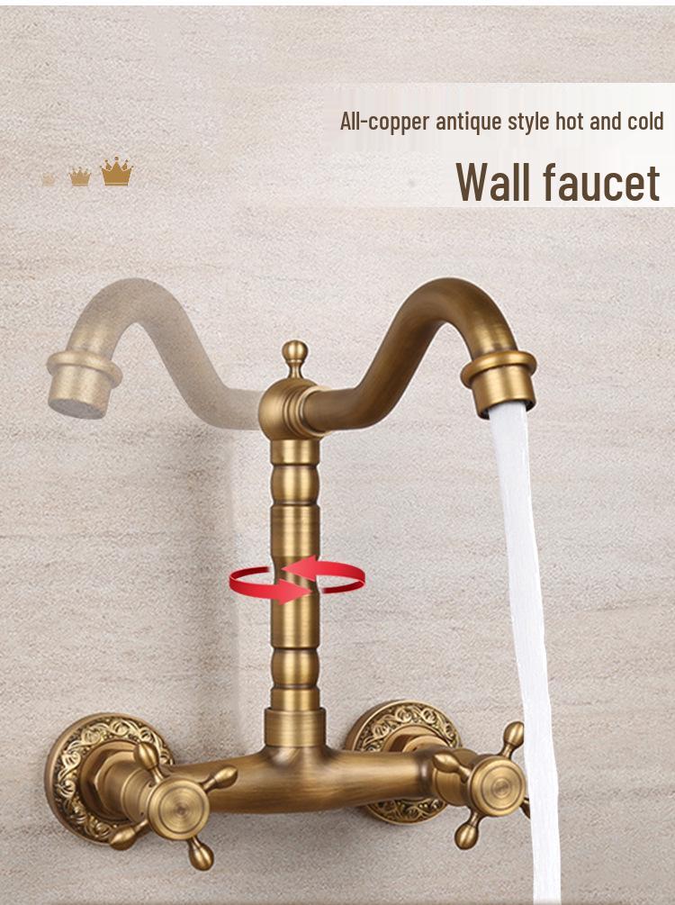 Retro French Copper Wall-Mounted Double Handle Faucet for Kitchen and Balcony.