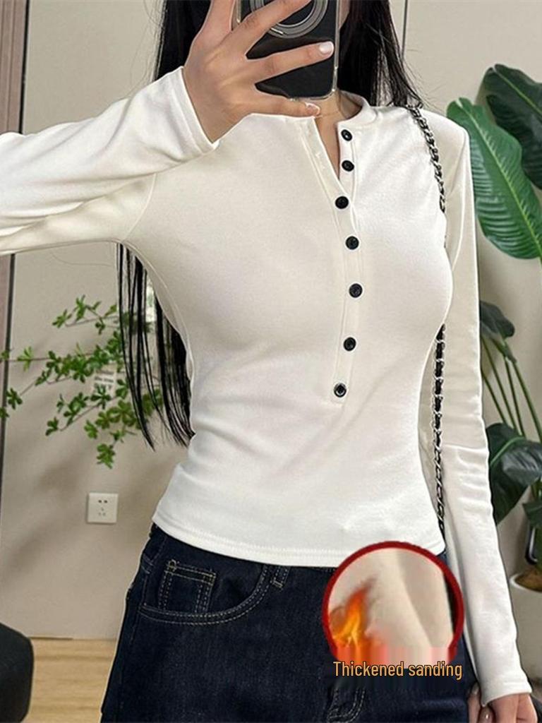 Women's Slim Fit Half-Open Collar Long-Sleeve T-Shirt - Autumn/Winter, Spicy American Style, Brushed Fleece, Plus Velvet Inner Layer.