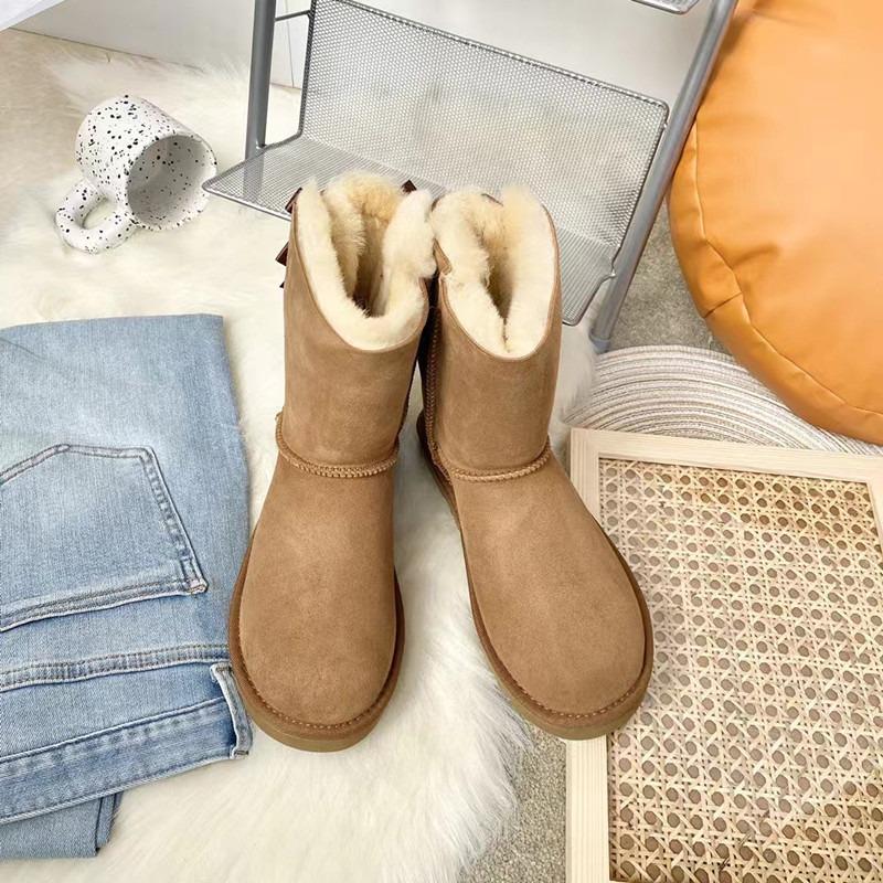 Winter Bow Snow Boots Leather Women's Medium Boots Tall Boots Fleece Thickened Warm Women's Boots