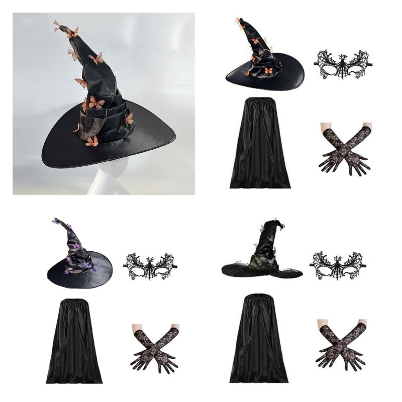 Witch Cosplay Costume Including Witch Cloak Witch Hat Eyemask and Gloves, for Girl Cosplay Party Carnivals Masquerade