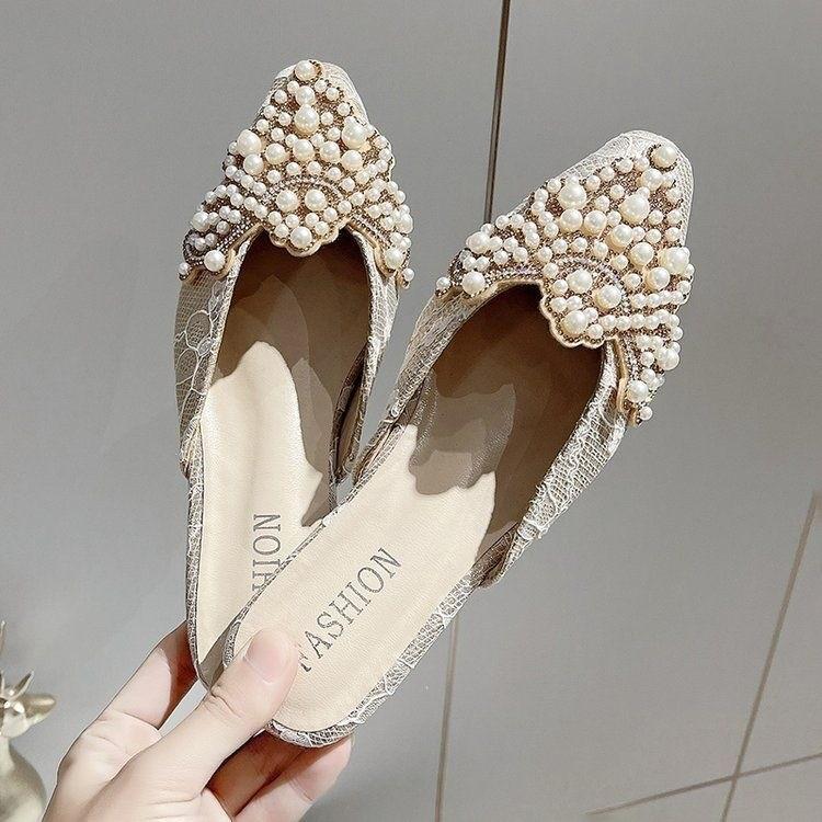 Package Head Style Flat Toe Womens Loafers With Pearl Waterdiamond Decor For Casual Daily Wear