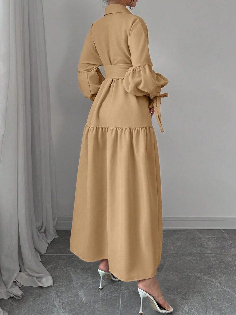 European & American Women's Lace-Up Puff Sleeve Dress