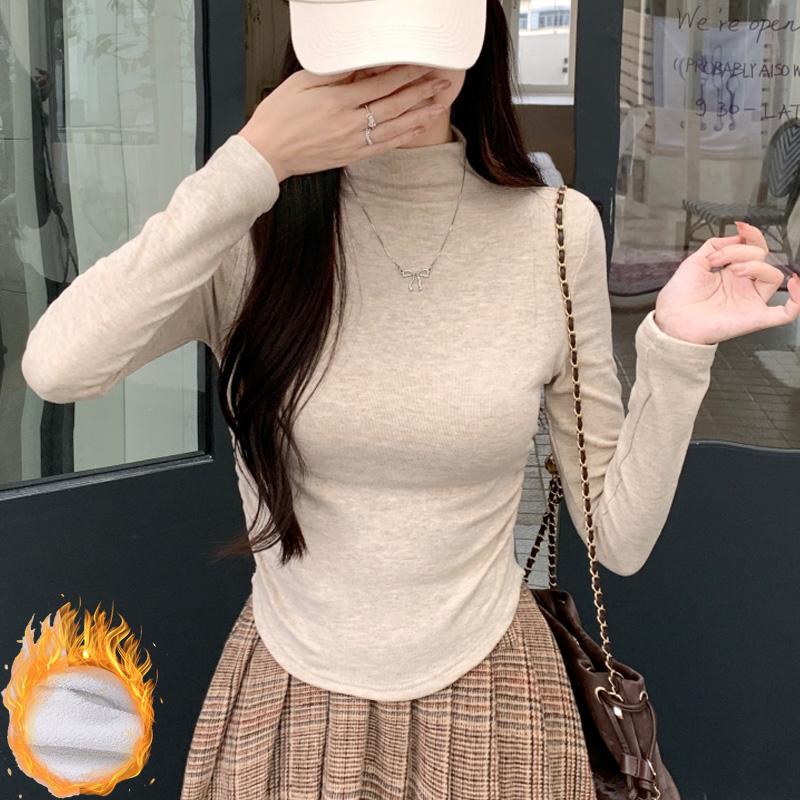 Harajuku Casual Slim Thick Warm Irregular T-shirts Female Autumn Winter Velvet Long Sleeve Solid Tee Women Half Turtleneck Tops