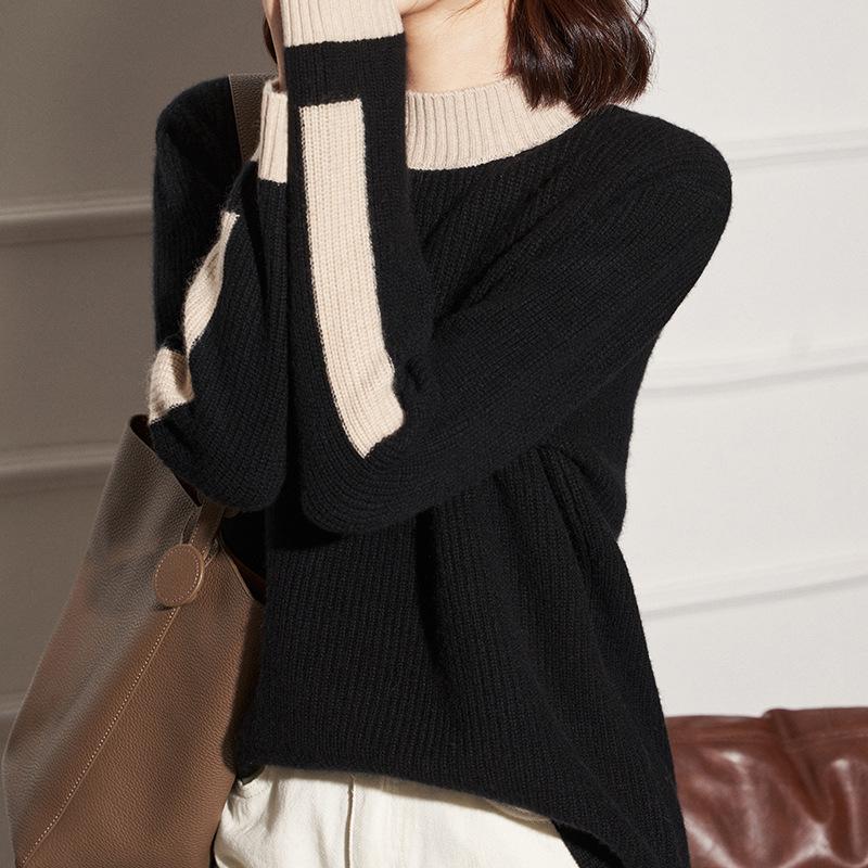 Women's Color-block Cashmere Knit Sweater - Half-High Neck, Long Sleeve, Ribbed, Slimming, Versatile
