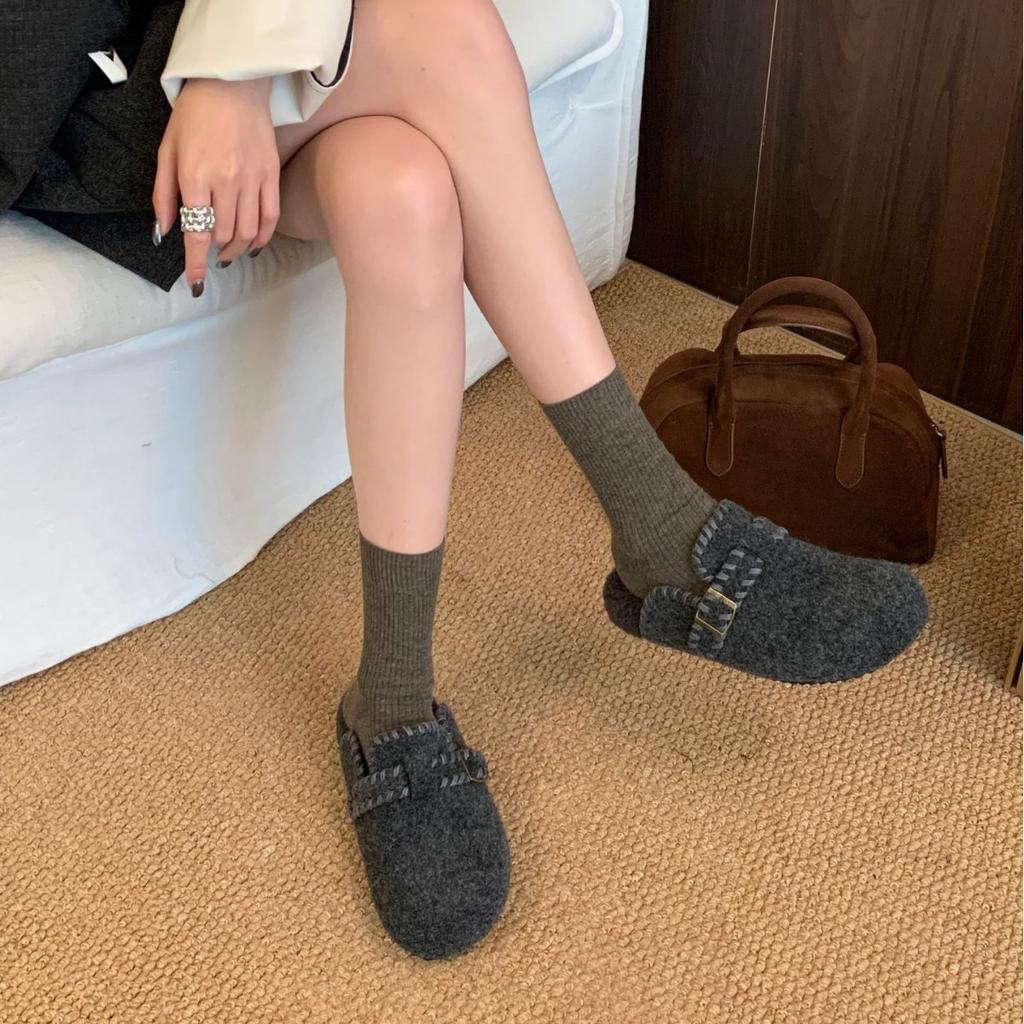 2025 New Korean Version Round Head Belt Buckle Thick-soled Woven Outer Wear Boken Bag Head Lazy Outer Wear Women's Shoes