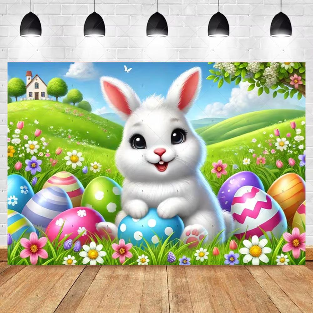 Spring Vibrant Rabbit Backdrop Supplies Happy Easter Theme Background Banner Bunny Easter Eggs Party Decoration Photography Prop