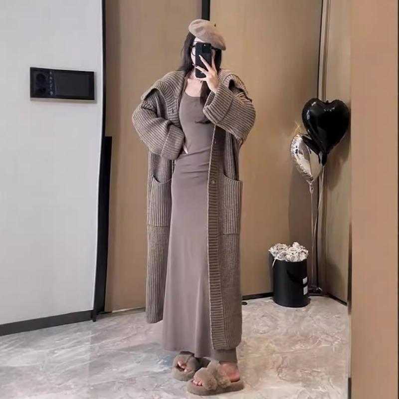 Lazy Wind Soft Waxy High-end Knitted Cardigan Women's Autumn and Winter Outer Wear Medium and Long Knee-loose Sweater Jacket