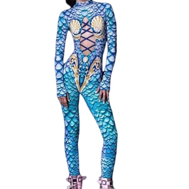 Women Hollow Out Mermaid Fish Scale Shell 3D Digital Printing Halloween Cosplay Costume Adults Carnival Party Dance Dress Up Jumpsuit