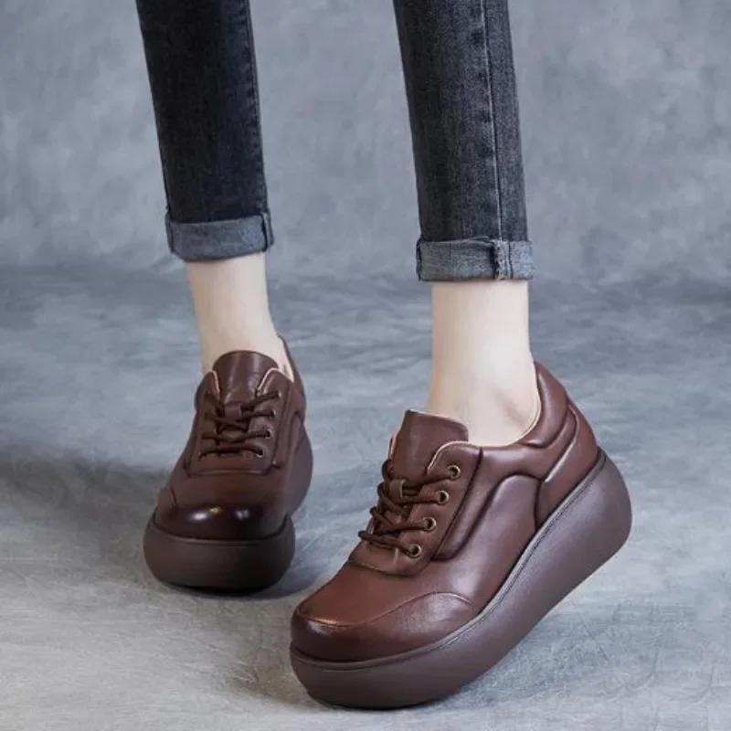 Fashion 6CM Women Platform Shoes Handmade Retro Style Genuine Cow Leather Lace-Up Wedges Heel Height Increasing Casual Single Shoes