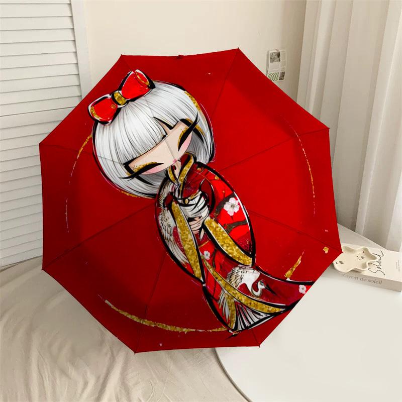 1pc Kimono Flowers Automatic Folding Umbrella, Heavy Duty 8 Rib Iron Frame,  Suitable for Travel, Daily Use, Birthday, Decor Gift m0104023