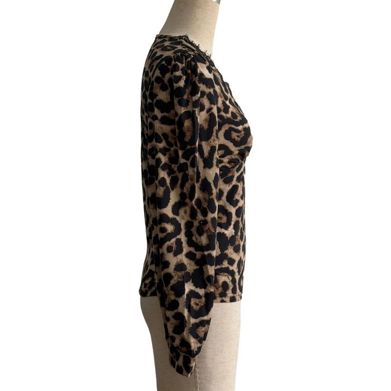 New Women's V-neck Puff Sleeve Contrasting Lace Leopard Print Slim Fit T-shirt Top