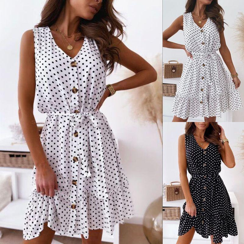 Sexy V-neck Slimming Lace-up Polka Dot Sleeveless Dress