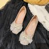 Lace Bow Flats Shoes Women Pearl Strings Lolita Shoes Crystal Beading Moccasin Slip On Loafers Women Espadrilles Plus Size 43