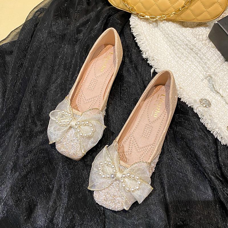 Lace Bow Flats Shoes Women Pearl Strings Lolita Shoes Crystal Beading Moccasin Slip On Loafers Women Espadrilles Plus Size 43