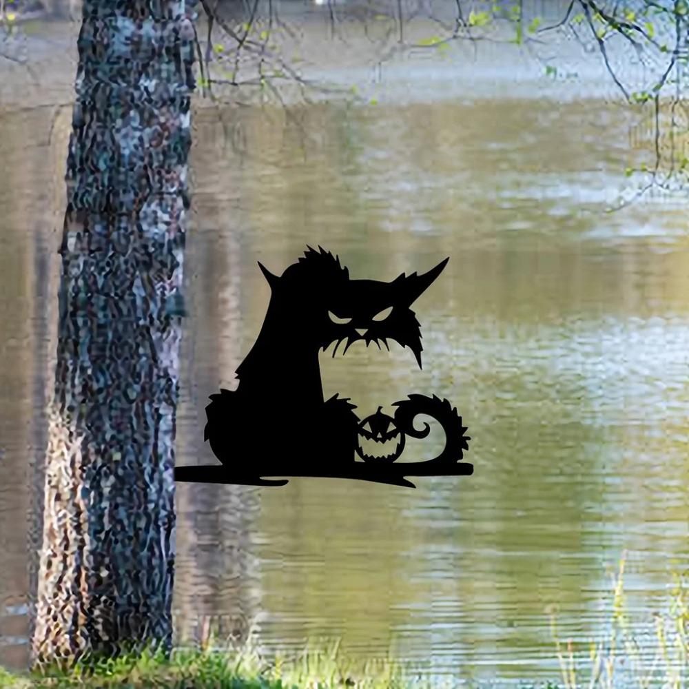 Hororová dýně, zlá kočka na větvi, ocelová silueta, kovová nástěnná dekorace - venkovní dekorace pro dům, zahradu, dvůr, terasu