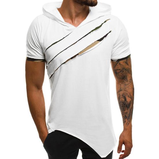 Men Causal Short Sleeve Ripped Irregular Hem Slim Blouse T-shirt Fitness Hoodie