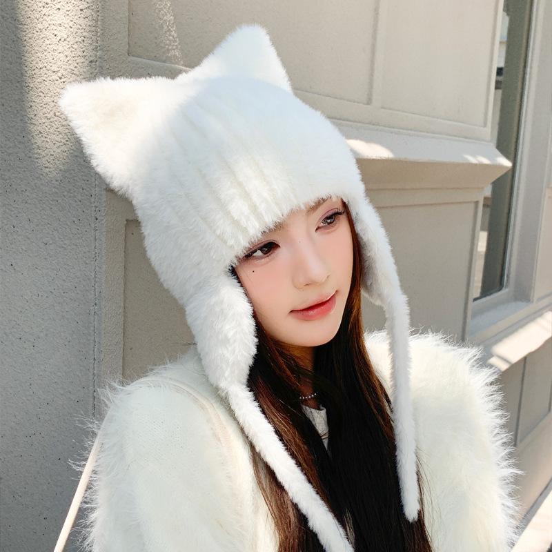 Korean New Hat for Women's Autumn and Winter Solid Color Knitted Wool Hat Cute Cat Ears Winter Warm Ear Protection Hat