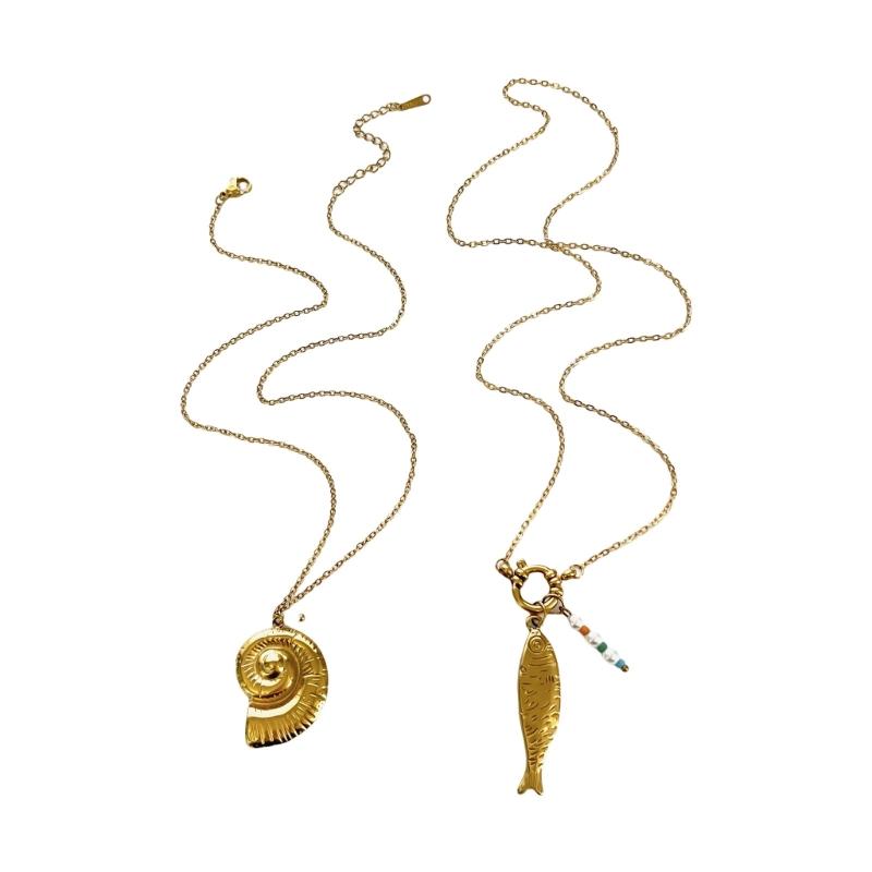 Strandinspiriertes Edelstahl-Halsketten-Set Mit Muschel/Fisch-Anhänger, Stapelbares Design Halskette Für Damen Tägliches Tragen