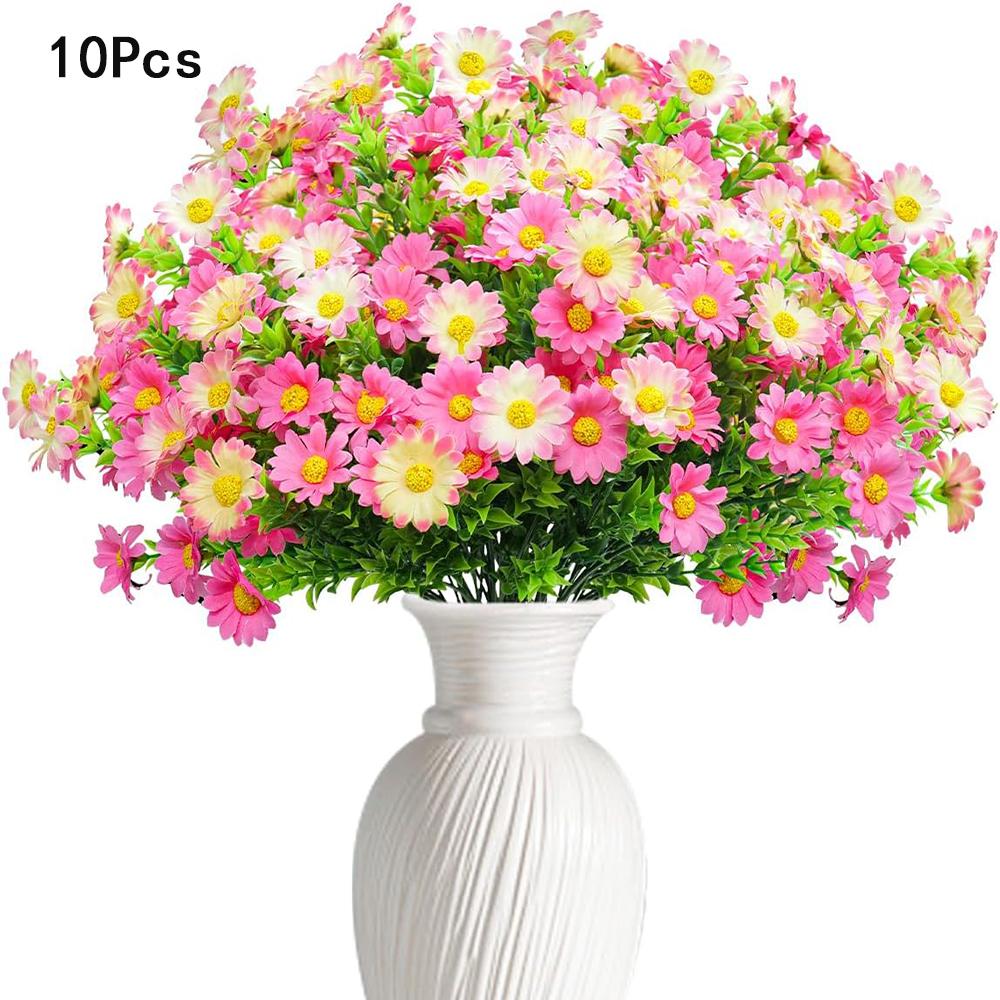 10pcs Artificial Daisies Flowers Outdoor Fake Plastic Plants UV Resistant Faux Greenery Shrubs Greenery for Hanging Planters