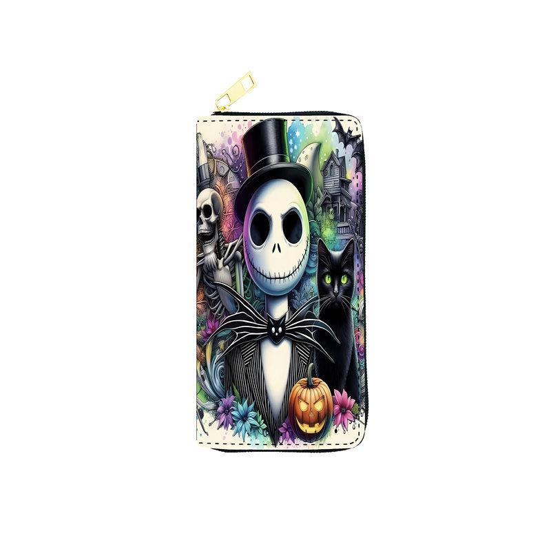 Nightmare Before Christmas PU Long Zip Wallet for Women Single Zipper Clutch Cosmetic Bag Jack Skellington Print 3pcs
