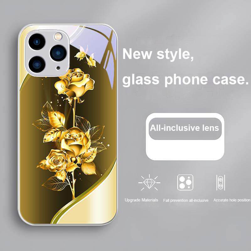 Dazzling Rose Brilliant Red Green For Iphone 15 14 13 12 11 Pro Max X XS XR 7 8 Plus 2020 2022 SE Tempered Glass Phone Case