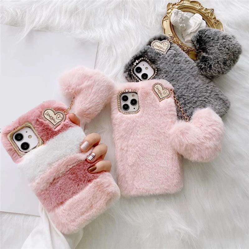 Lovely Love Heart Design Autumn and Winter Long Plush TPU Mobile Phone Cover Case for Iphone X Xr Xs 11 12 13 14 15 16 Pro Max
