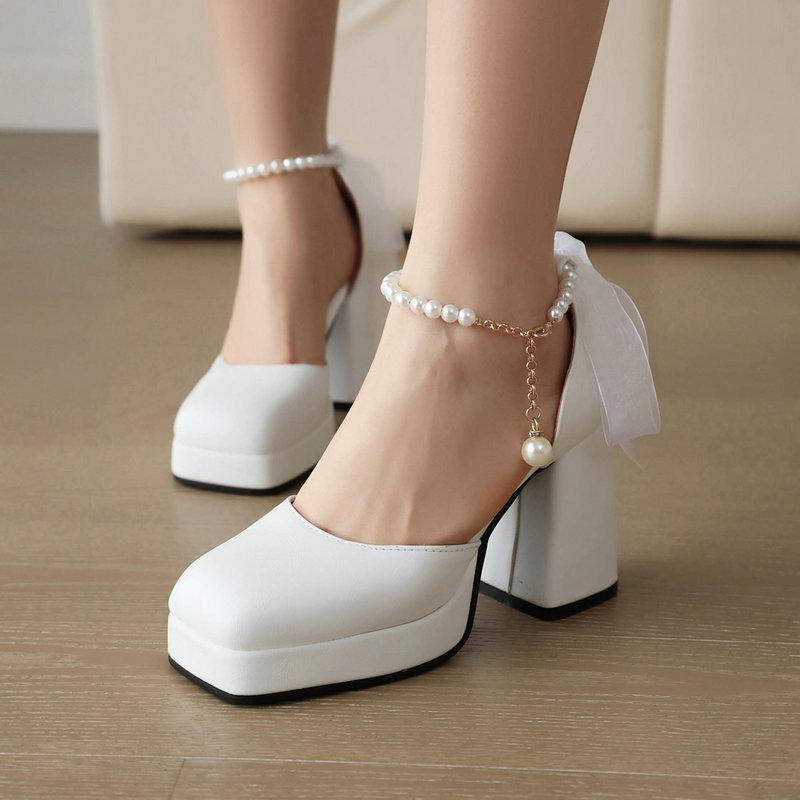 

Women s High-heeled Sandals with Square Beaded One-line Buckle with Thick Soles 34