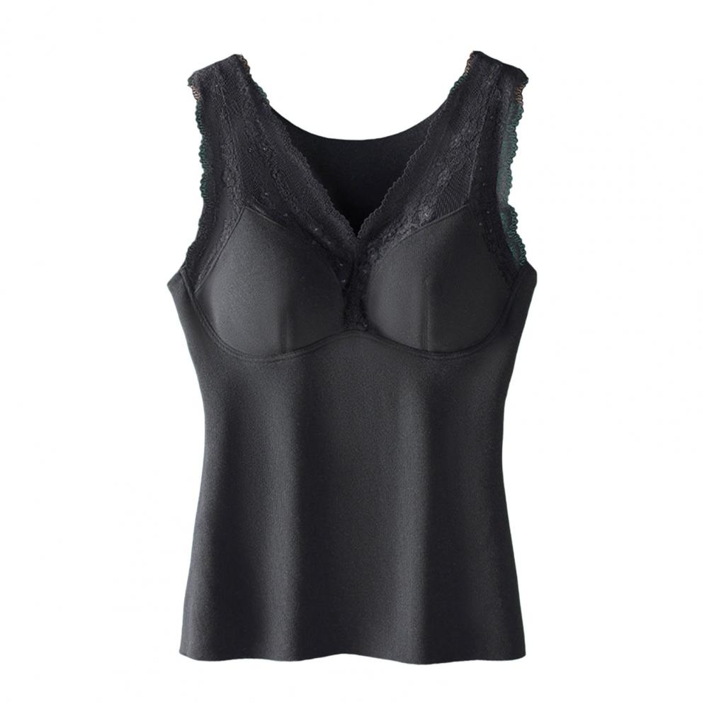 Winter Women Thermal Vest with Chest Pads Seamless Lace Fast Temperature Lock V Neck Slim Fit Elastic Sleeveless Inner Wear Bott