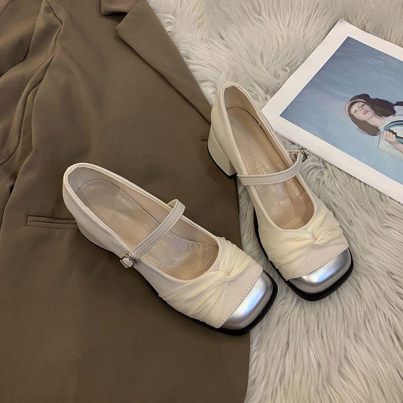 Mary Jane French fragrant high heels 2025 new high-end evening single shoes fashion leather shoes explosion beige thick heel