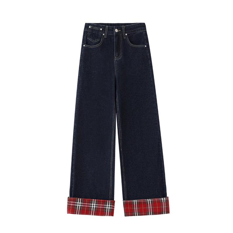 

Women s Retro Plaid Patchwork Wide-Leg Jeans - High Street Trend, Loose Fit M