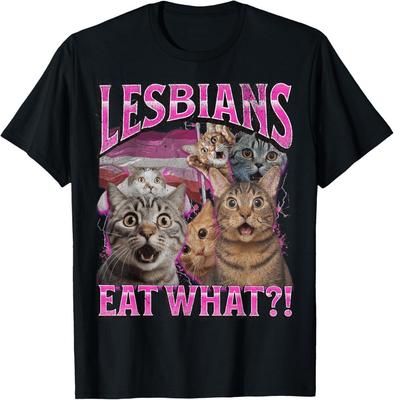 ¿Qué comen las lesbianas?! Divertida Camiseta Bootleg con Gato Orgullo Gay LGBTQ