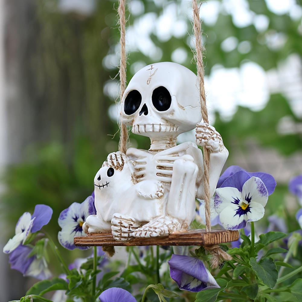 Outdoor-Schaukel-Skelett und hängendes Katzen-Ornament, federnde Gartenschaukel-Skelettstatue Baumdekoration, lustiger Anhänger zum Aufhängen im Hof, Geschenk für Halloween