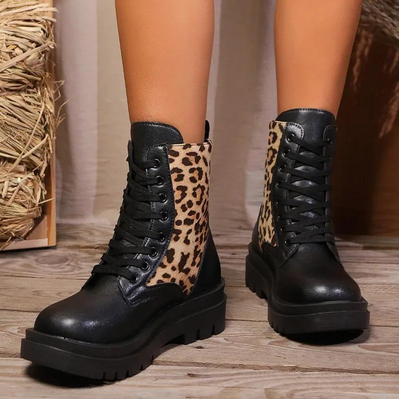 Mode 2024 Mode Damen Schuhe Schnürung vorne Damenstiefel Heißer Verkauf Leopardenmuster Büro und Karriere Neu Runde Zehenpartie Halbwadenstiefel