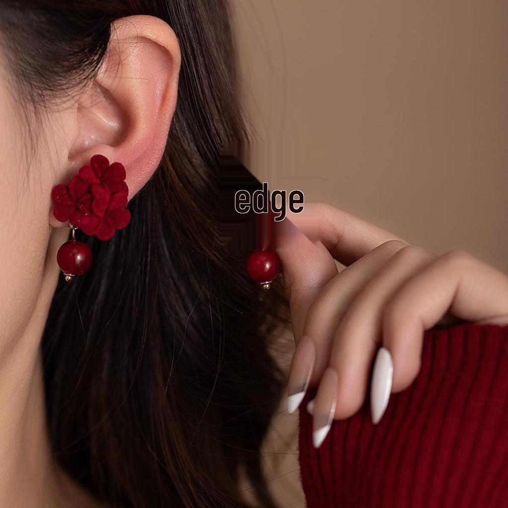 2024 Burgunderrote Ohrringe mit Schleife: Silbernadel, eleganter chinesischer Stil für Neujahr und Frühlingsfest