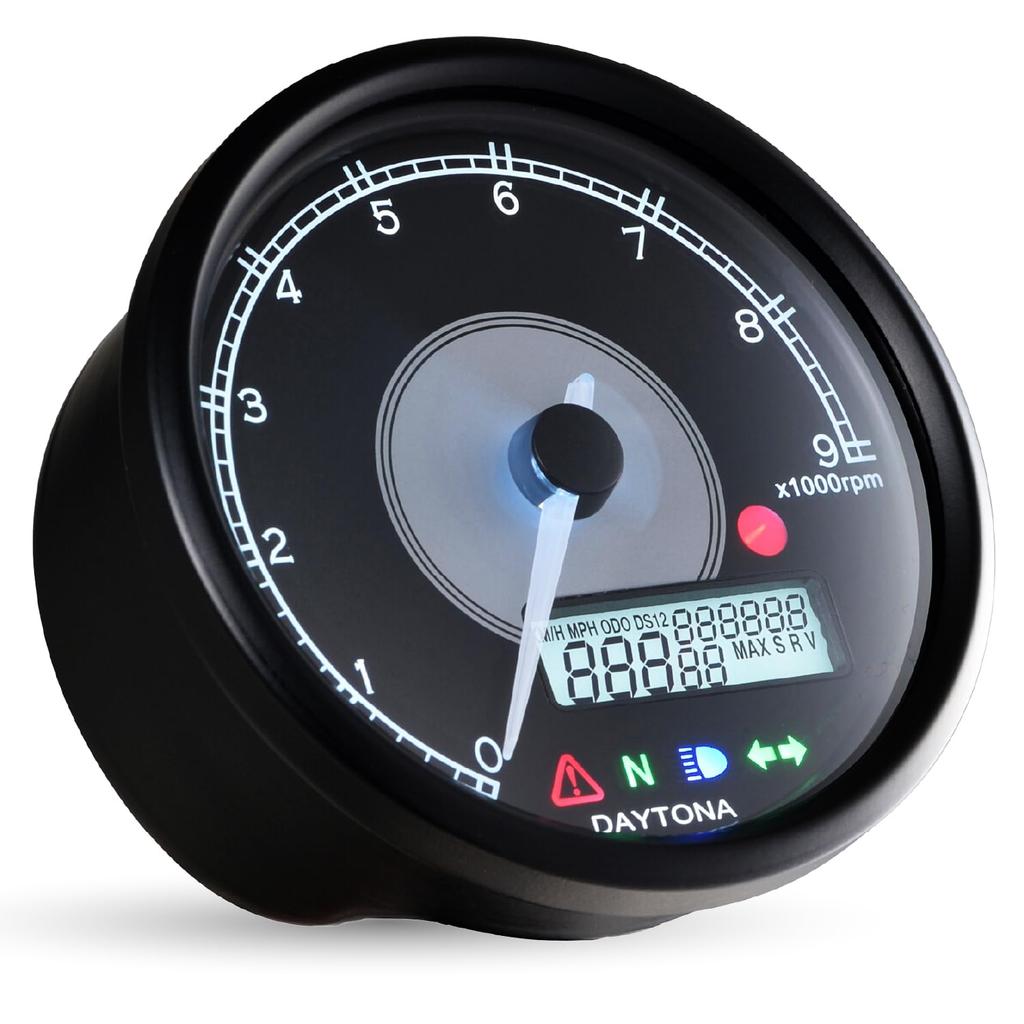 Daytona VELONA Motorcycle Electric Tachometer with LCD and Black 9000 RPM 48140 Speedometer, Indicator, Voltmeter, Body/White LED, 80mm, Display,
