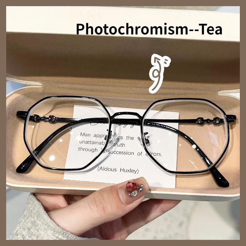 0~-400 Myopia Glasses  Photochromic Blue Light Resistant Glasses Girls' Large Frame Anti Fatigue Myopia Finished Product