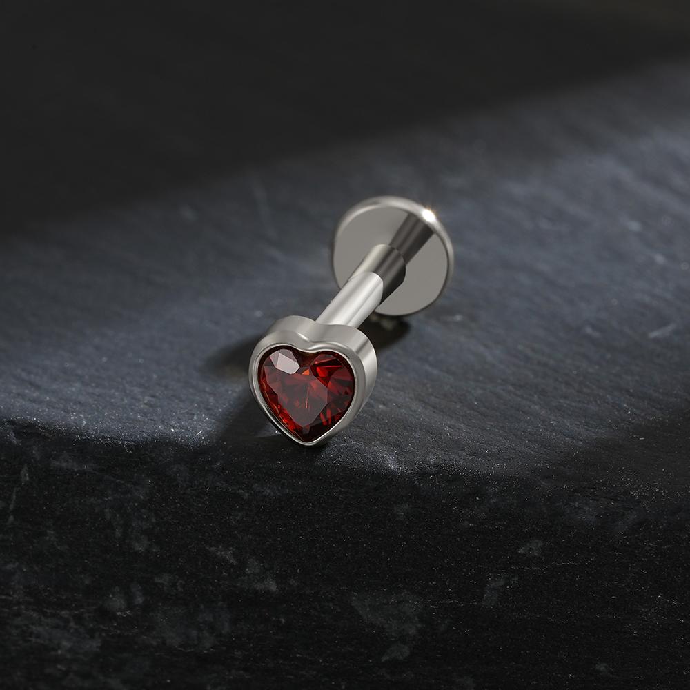 Right Grand ASTM F136 Titanium Heart Shaped CZ Flat Back Labret Stud 16G Garnet Cartilage Helix Ear Piercing Halloween Jewelry
