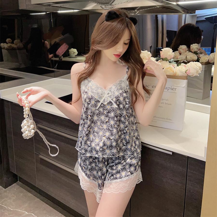 Summer New Pajamas Women's Ice Ribbon Chest Pad Printing Series Short Hanging Shorts Pure Desire Wind Lace Loungewear Set
