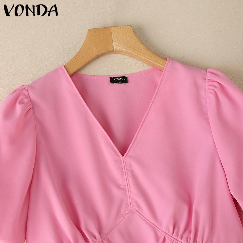VONDA Women V Neck Short Sleeve Slim Waist Ruffled Casual Blouse