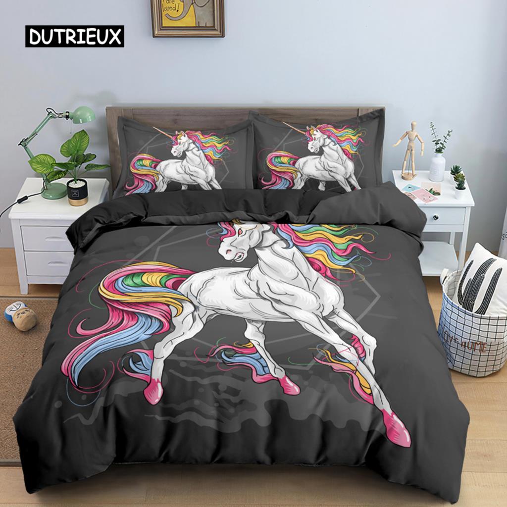 Unicorn Duvet Cover King Queen Cartoon Animal Bedding Set Kids Teens Adults Lovely White Magical Creatures Polyester Quilt Cover