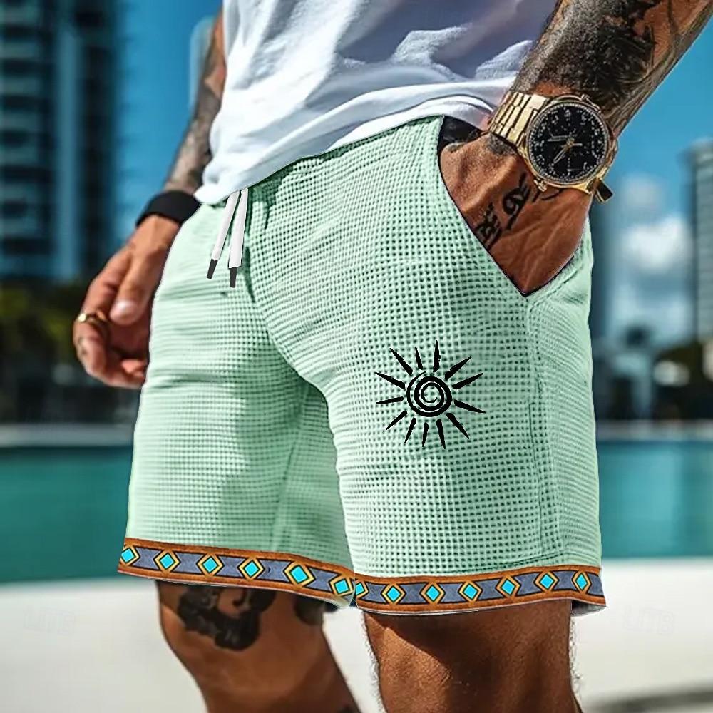 Men s Sun Ethnic Indian Culture Waffle Shorts Sweat Shorts Casual 2XL