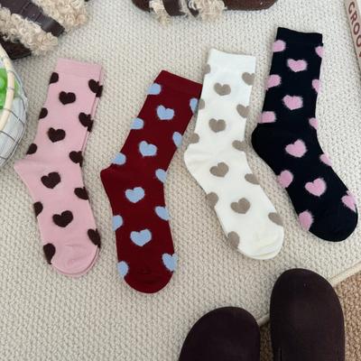 Autumn and Winter Love Couple Socks for Women, Mid-calf, Fluffy Heart Design, School-style Pile Socks for Women