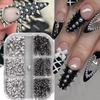 6 Grids Multi-Size Nail Art Studs Black And Silver Tone Cone Spike Nail Jewels  Punk Style Nail Art