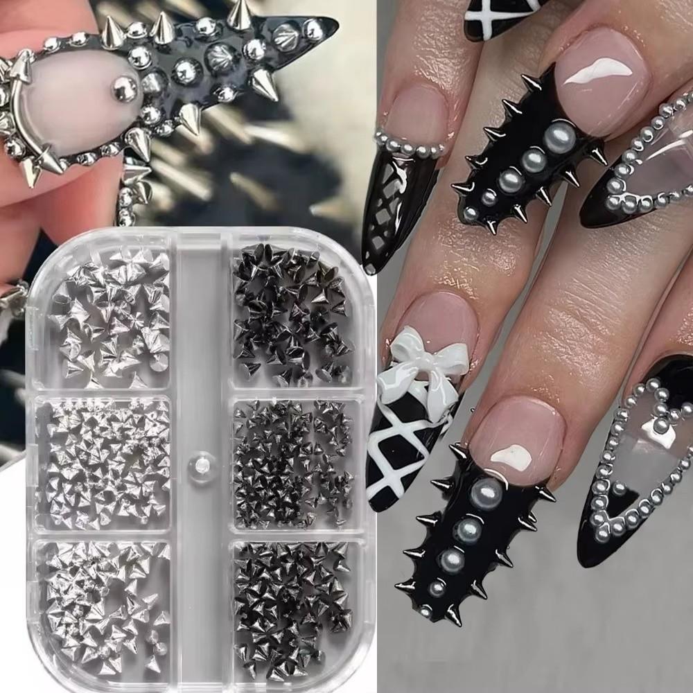6 Grids Multi-Size Nail Art Studs Black And Silver Tone Cone Spike Nail Jewels  Punk Style Nail Art