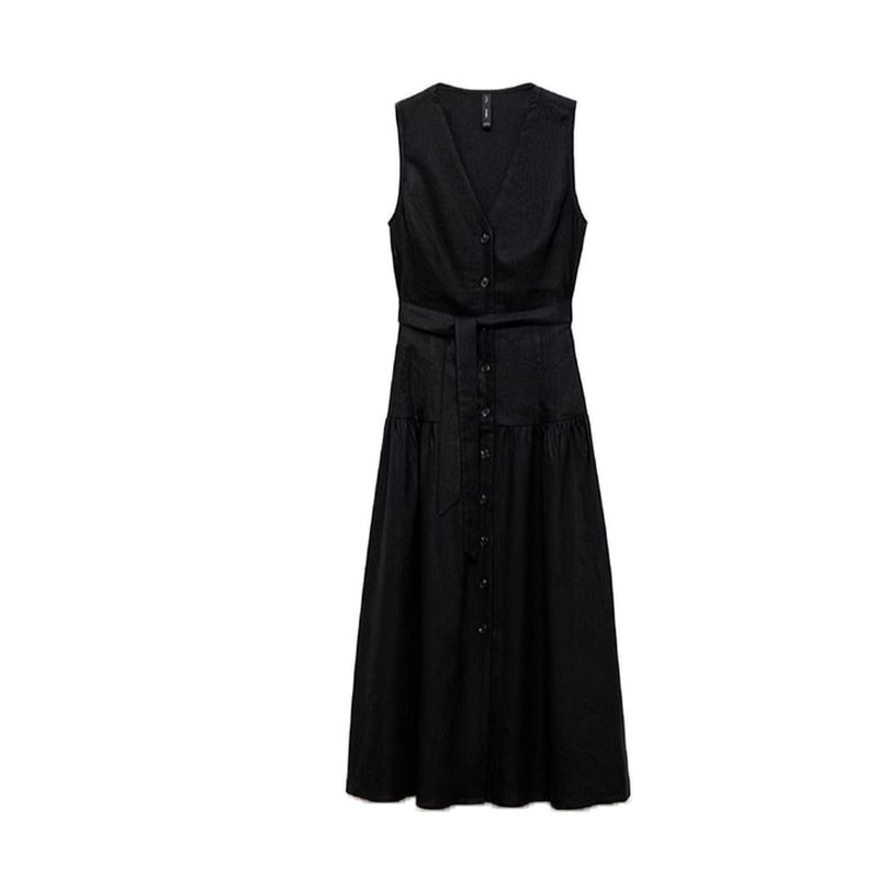 

Summer Women s Clothing Minimalist Style V Neck Sleeveless with Belt Linen Blend Mid Length Long Length Dress 87009078 Black L