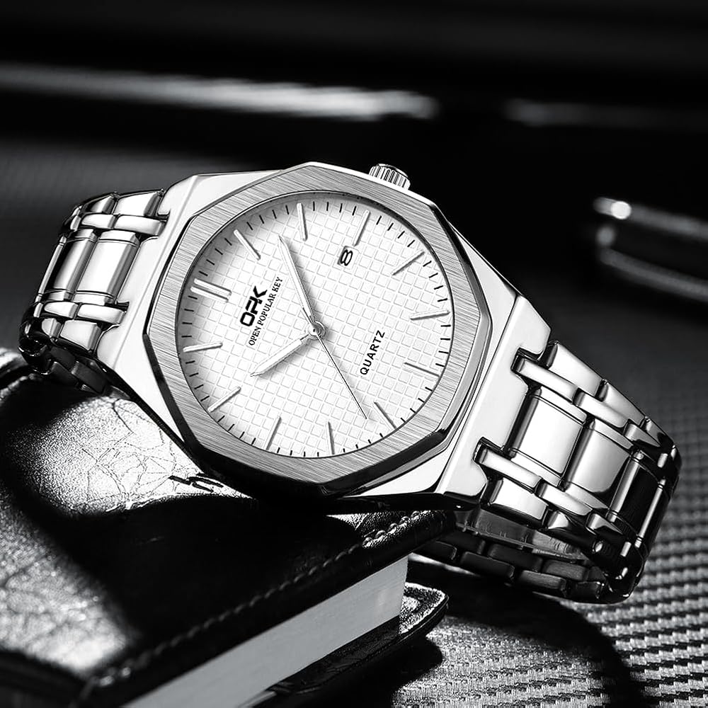 Men's Quartz Business Watch White Luminous Hands Calendar Round Octagonal Bezel 40mm Stainless Steel Japan Movement