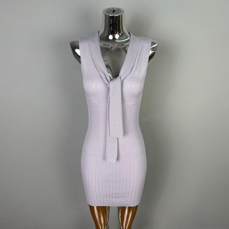 Korean Dongdaemun Slim Knit Dress - Sleeveless, Sash-Detail, Sexy & Elegant Femininity Style One Size фиолетовый