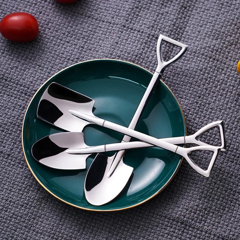 4Pcs Silver 304 Stainless Steel Spade Spoon Retro Kitchen Tableware Watermelon Ice Cream Honey Creative Personality Spoons