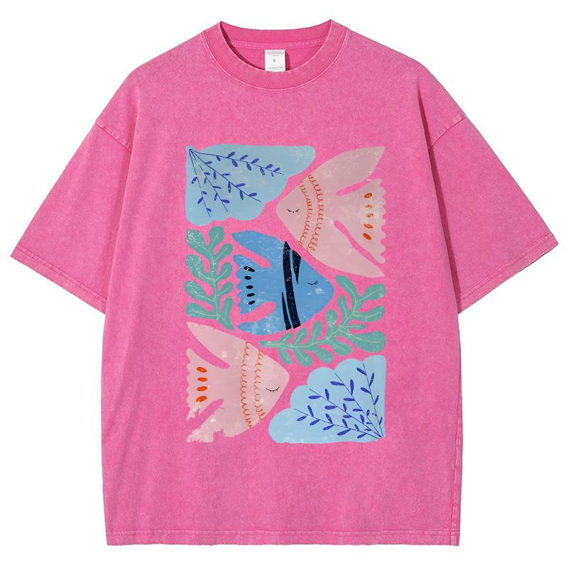 Cartoon Minimalist Feng Shui Grass Small Fish Print Women's T-Shirt Washed Loose Oversized Short Sleeve Vintage Tees