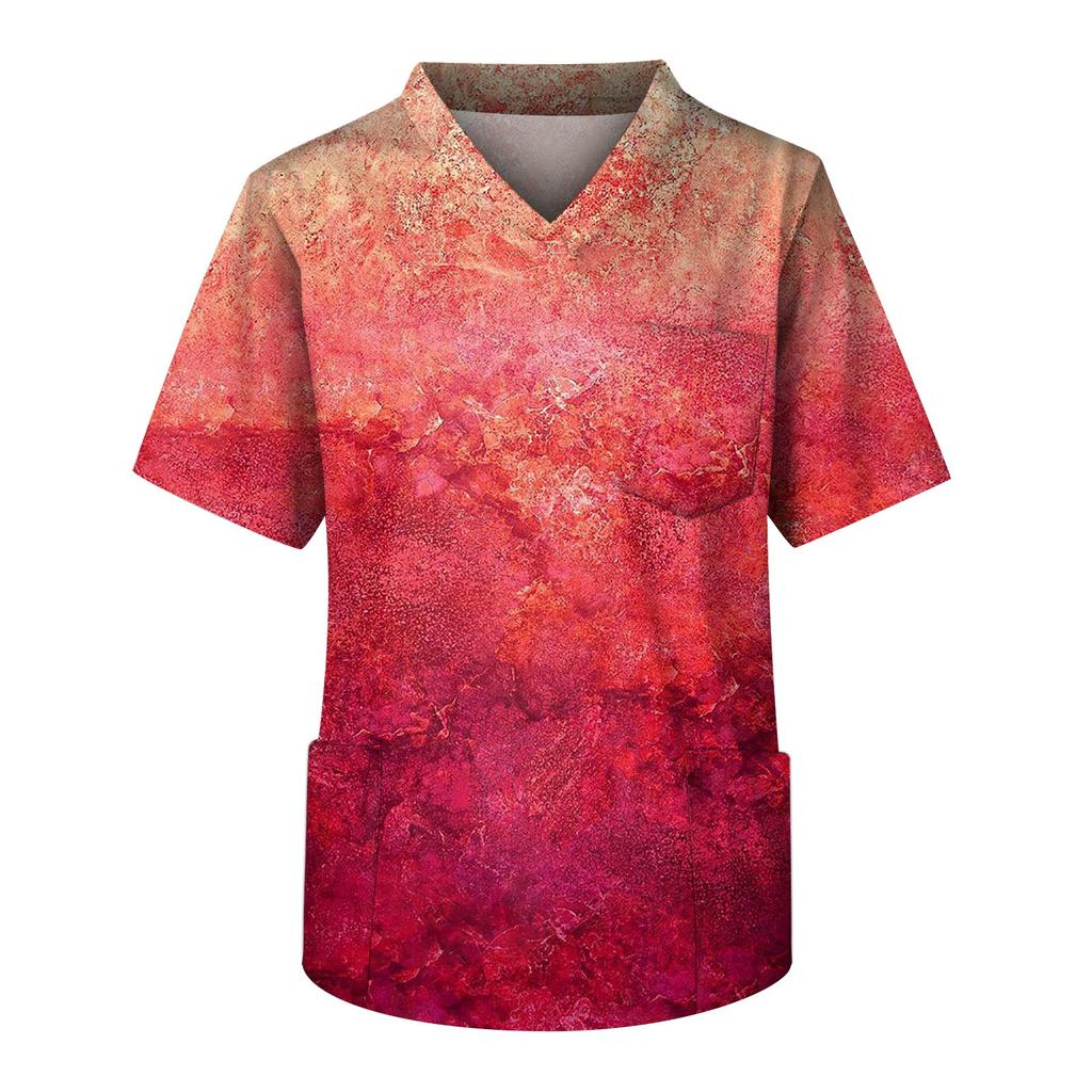 Plussstørrelse Halloween-trykte skrubb arbeidsskjorter for menn med kryss V-hals, korte ermer, morsomme t-skjorter, arbeidsklær med lommer